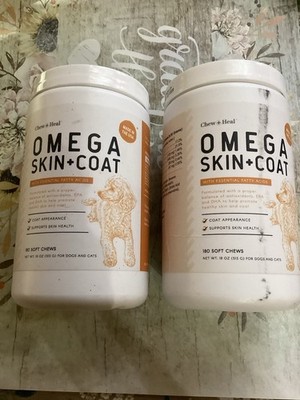 (2) Chew + Heal Omega Skin + Coat 180 Soft Chews For Dogs & Cats Salmon Oil 2/28