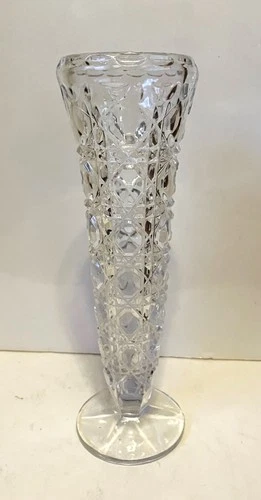 Vintage Clear Pressed Glass Bud Vase Diamond Pattern Pedestal 7.5"H
