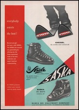 1960 Saska Ski Equipment Co. Los Angeles Strolz Botas de esquí Kneissl Esquís Impresión Anuncio