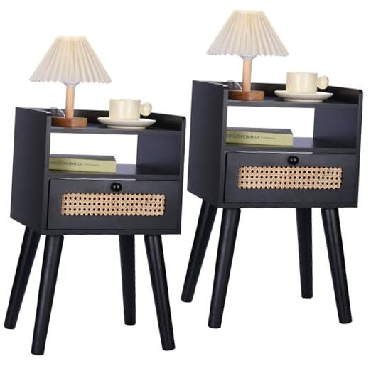 Nightstand Set of 2 with Storage Drawer and Open Shelf in Black-image