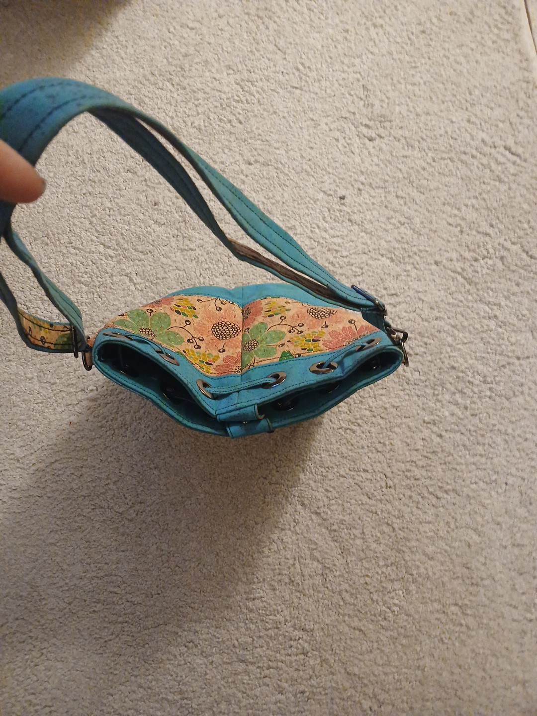 Teal Border/ Multi Colored Flowered Handbag - image 4