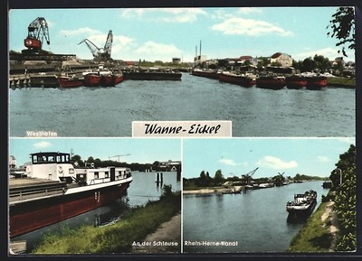 AK Wanne-Eickel, Westhafen, Dampfer an der Schleuse, Dampfer auf dem Rhein-Hern 