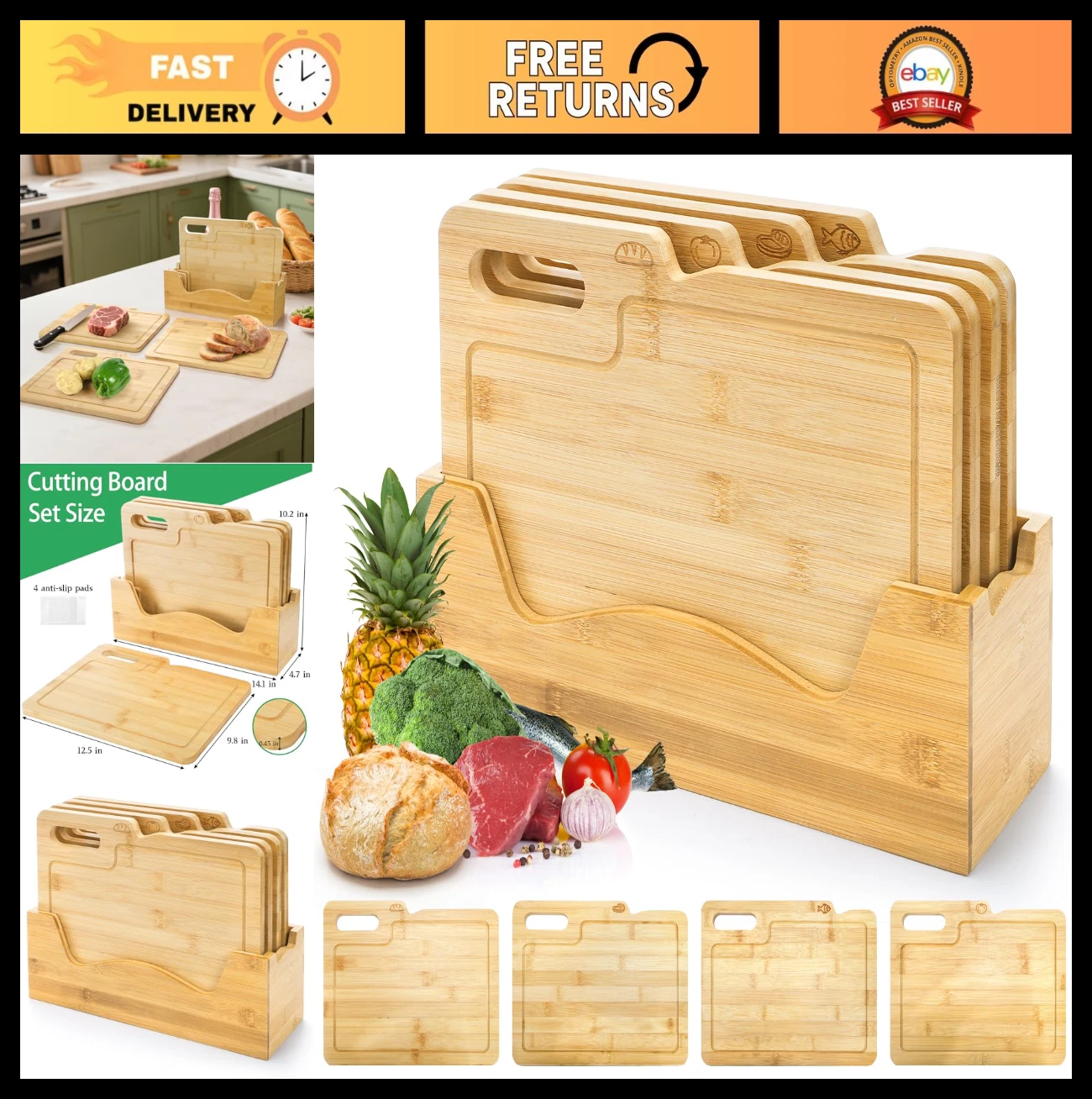 4 Pack Bamboo Cutting Boards Set with Holder, 12.5"x9.8", Ideal for Meat, Veggie