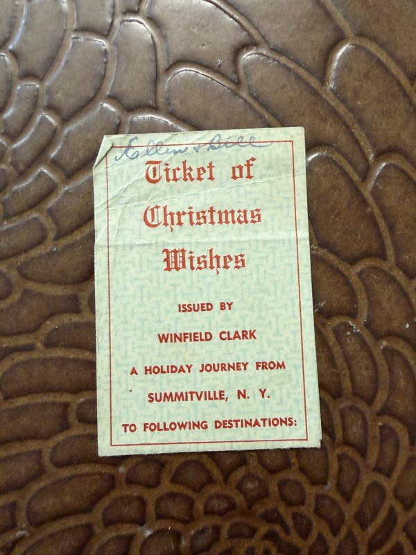 2 Railroad Tickets of Christmas Wishes, Yuletide, 1956 - 1957, Summitville, NY