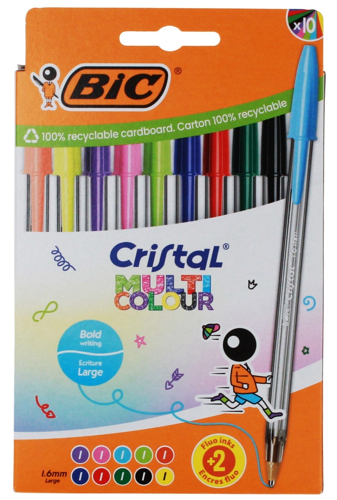 BIC Cristal Multicolour Ballpoint Pens - Pack of 10 | 1.6mm Tip | 2 Fluo Inks