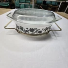 Vintage Pyrex Black Tulip Casserole Dish With Lid And Metal Cradle 1.5 Qt USA