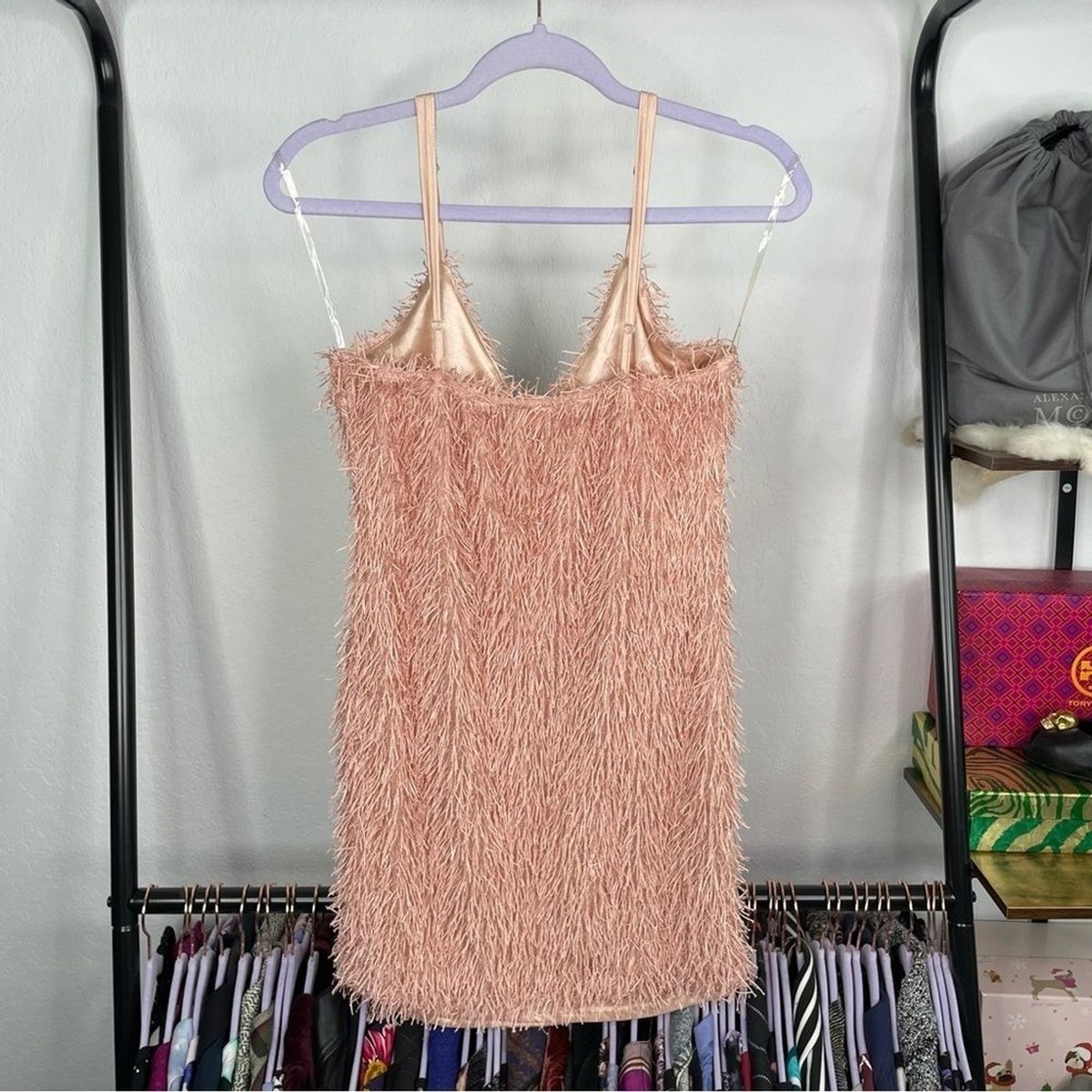 FASHION Nova Blush Pink Honey Bunny Mini Slinky Strappy Fringe Dress