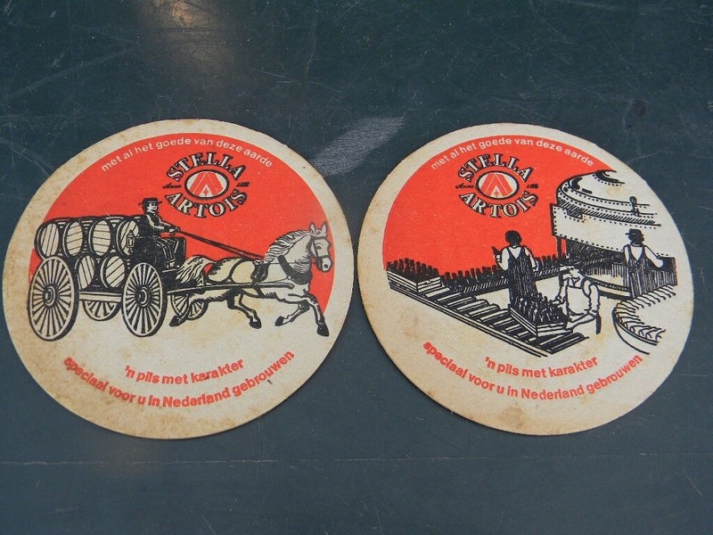 2 VINTAGE STELLA ARTOIS HORSE KEGS CARRIAGE BREWERY BOTTLING LINE BEER COASTERS