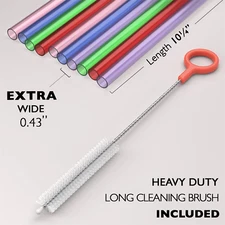 10 EXTRA WIDE Long Reusable Hard Plastic Drinking Straws + Cleaning Brush - F...