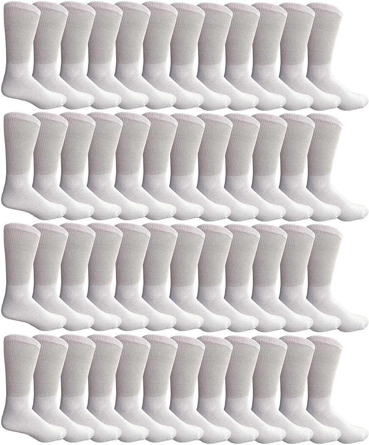 48 PK Men's Loose Fit Non-Binding Soft Cotton Diabetic Crew Socks, 10-13 White