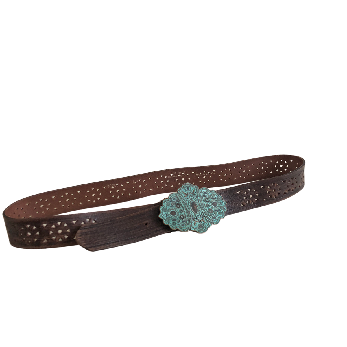 Italian Genuine Leather Perforated Belt Brown/Turquoise  display picture 2
