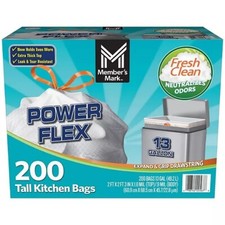 Member's Mark Power Flex 13-Gallon Tall Kitchen Trash Bags, Fresh Scent, 200 ct