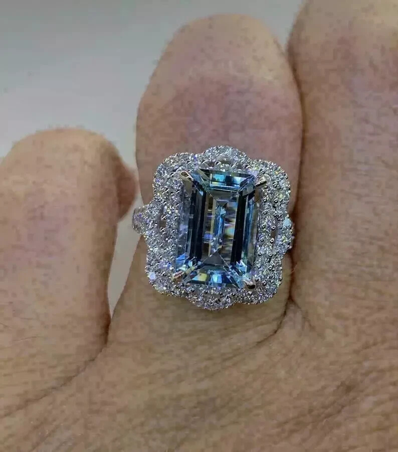3 Ct Emerald Cut Aquamarine & Diamond 14K White Gold Finish Halo Engagement Ring
