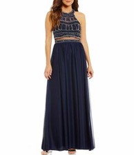 Sequin Hearts Navy Formal Prom Dress Beaded Halter Flowing Chiffon NWT 229 Sz 1