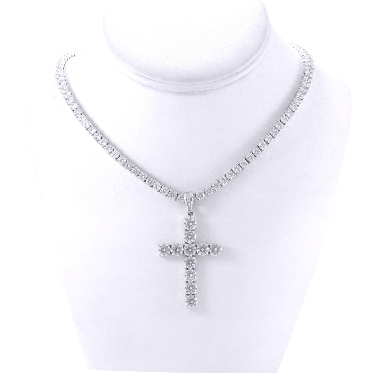 Men's Silver Tone Iced CZ Cross Pendant 4mm Tennis CZ Chain