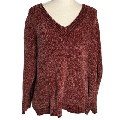 Rag Poets Rust Red Chenille V-Neck Sweater Womens Large RW183541 Cozy Pullover