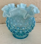 VINTAGE FENTON BLUE OPALESCENT HOBNAIL GLASS VASE Ruffle Rim 4.2” Tall