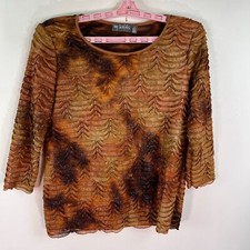 My Knits Shear Ruffled Blouse Womens Size S Brown Geo Pattern USA Made Vintage