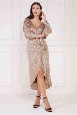 GODDIVA WRAP STYLE SEQUIN MIDI DRESS CHAMPAGNE 12 EVENING EVENT WEDDING |  eBay UK