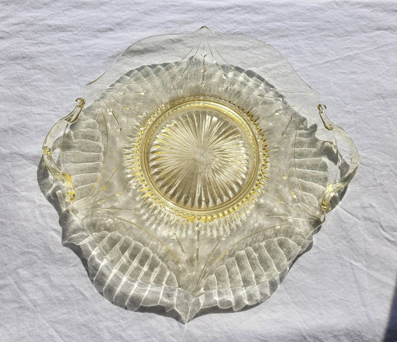 Lancaster Glass Dart Yellow Elegant Cake Plate Depression Handled 12"