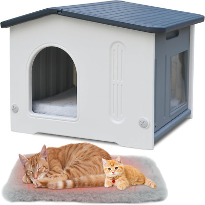 Weatherproof Plastic Cat House with Escape Door & Soft Mat - Grey