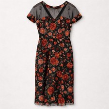 Maggy London Floral Embroidered Mesh Midi Dress Black Orange Pink 12  Fit Flare