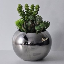 Handmade Artificial Succulent Arrangement in Silver Pot   Modern Home Decor