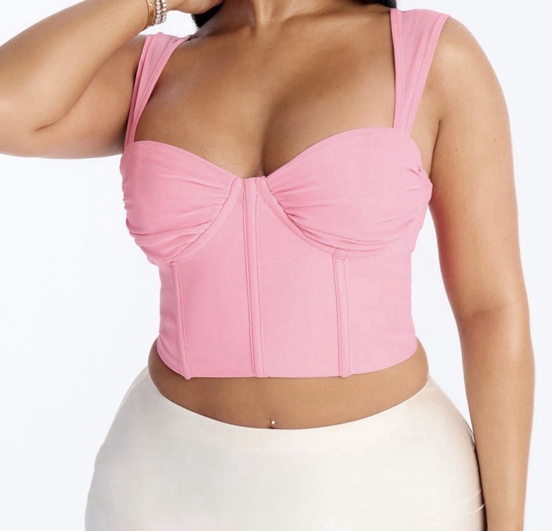 Moda Nova Sophia Cuello Corazón Malla Acanalada Corsé Top - Rosa Talla Grande