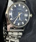 Vintage Timex Sprite Style Blue Moire Dial Cushion Case Date Watch Runs