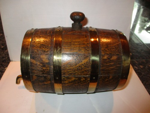 Vintage Dark Oak Liquor Barrel with Brass Color Bands & Spout