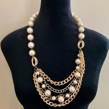 Gold Tone Multi Strand Faux Pearl Chain Bib Statement Necklace Cream Chunky Glam