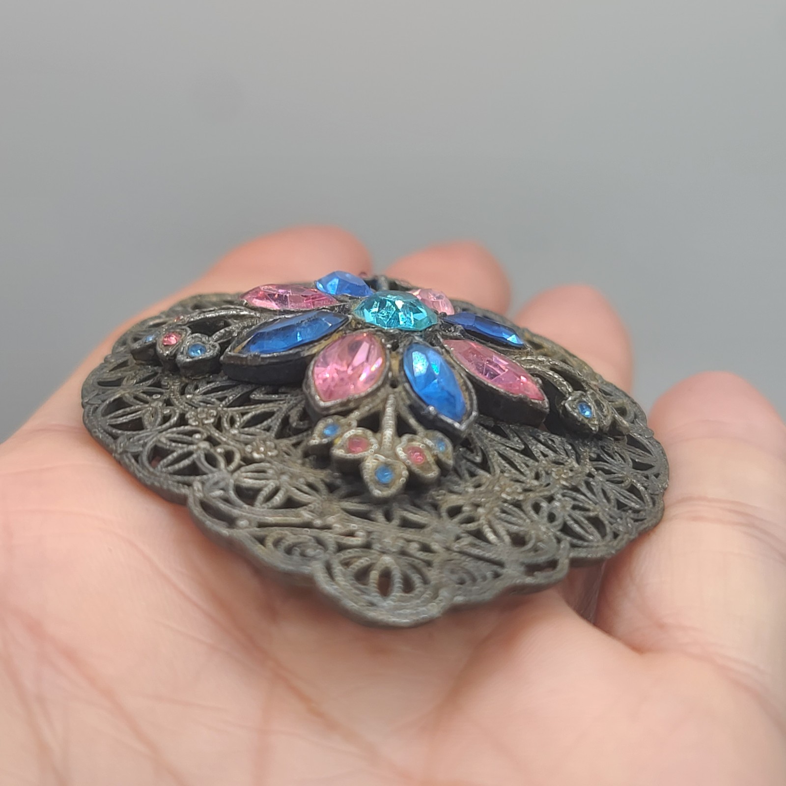 Vintage Rhinestone Dress Clip Pastel Blue Pink Silver Tone