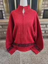 Eddie Bauer Vtg 90s Red Wool Blend Full Zip Cardigan Sweater Womans Sz Lg Cabin