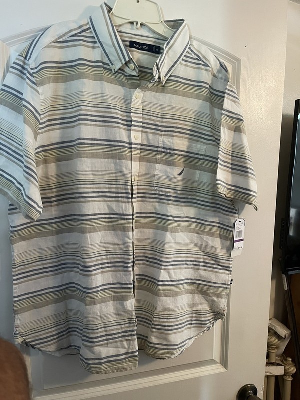 Nautica Men's SS Men's Linen XXL  Sail White Button Down Stripe Beachy NWT  