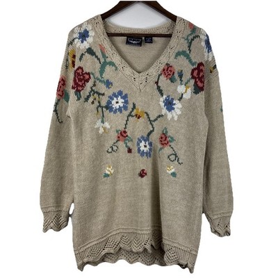 Vintage 90s Best American Sweater Womens Medium Tan Floral Knit Cottage Granny
