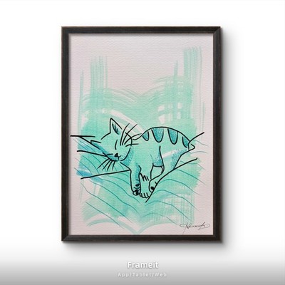 Original Teal Cat Snuggle Painting By Alannah Dyer Acrylic 9x12 in. Trendy Pet