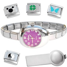 Lavender Oval Italian Charm Watch Dark Pink w Bracelet Plus Charm Tool Enamels