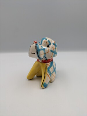 Vintage Kitsch Keramik Neuheit Hund Maßband kariert Design blau Retro 1950er Sehr guter Zustand