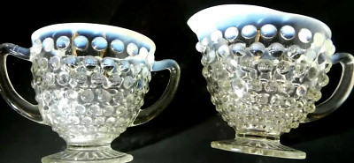 VTG 1950''S Sugar Bowl Creamer Set Moonstone Hobnail Cut Glass Anchor Hocking USA
