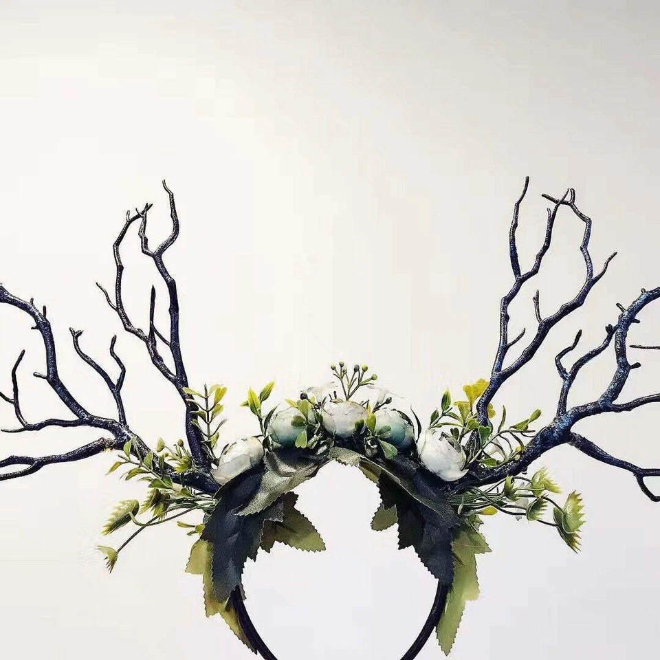 Disfraz de cuerno de rama negra flores ninfa bosque cuerno tocado astas azul Foto 2 de 4