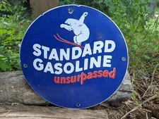 VINTAGE STANDARD GAS UNSURPASSED PORCELAIN GAS STATION PUMP METAL SIGN 12"