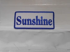 SUNSHINE  NEW EMBROIDERED  SEW / IRON ON NAME PATCH BLUE ON WHITE