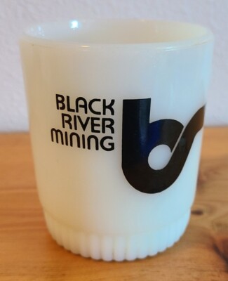 Vintage Anchor Hocking Fire King Milk Glass Advertisement Mug Black River Mining