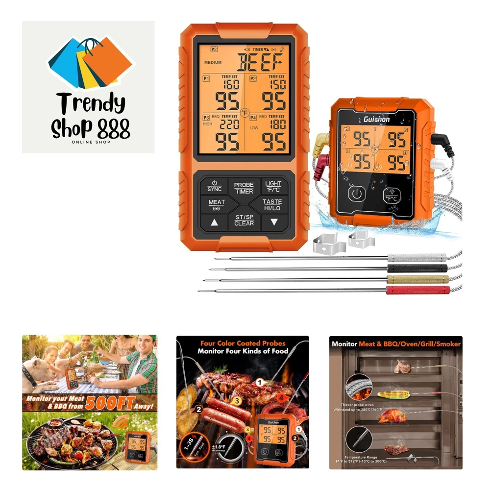 Wireless Meat Thermometer, Digital Meat Thermometer, 4 Probes Food Thermomete...
