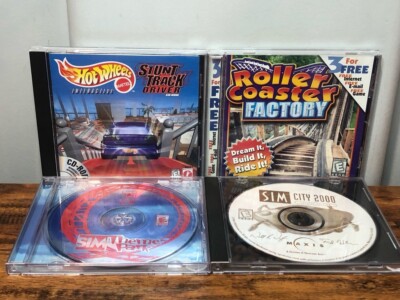 PC CD ROM Lot of 4 Games -Roller Coaster, Sims City 2000, Theme Park, Hot Wheels