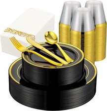 350 PCS Black and Gold Dinnerware Set for 50 ...