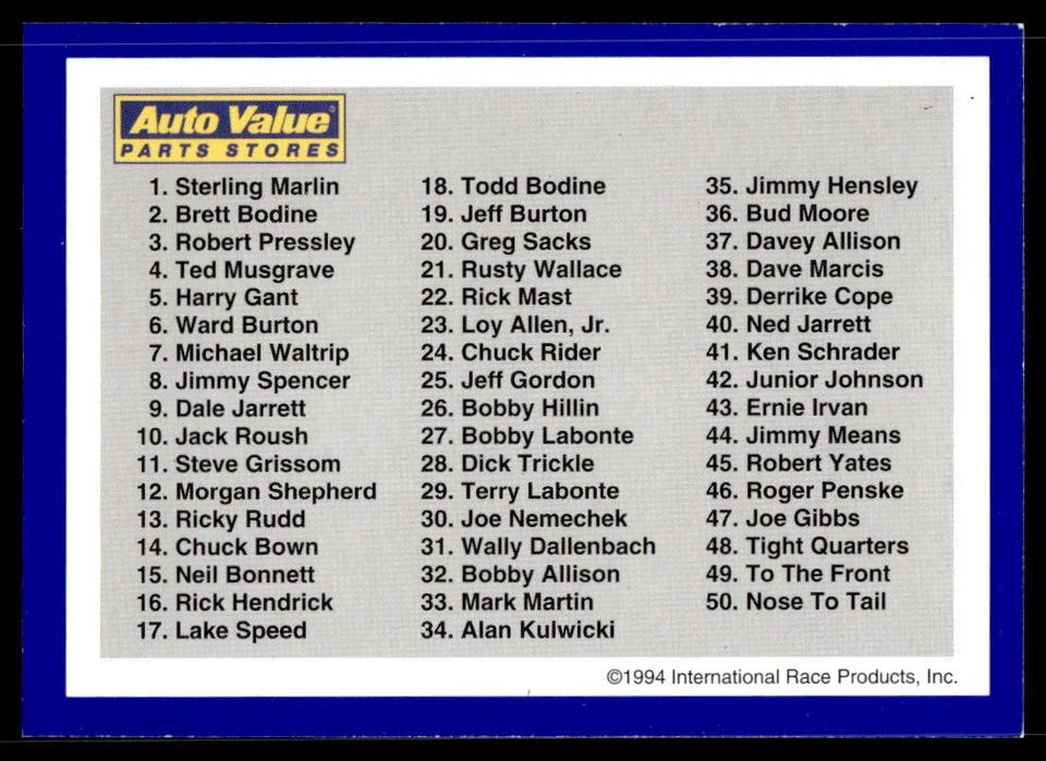 Checklist 1994 Traks Auto Value Parts Stores Collector Cards # NNO Base - Image 2 of 2