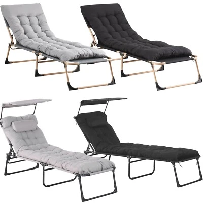 Sun Lounger Folding Recliner Chair Reclining Garden Outdoor Seat Bed w/Cushion