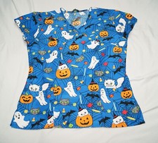 serene uniforms scrub top women's small halloween 2 pockets blue short sleeve