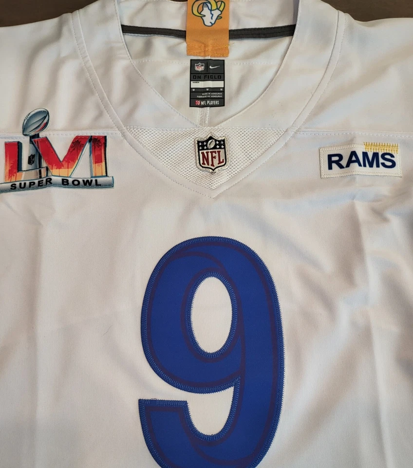 Camiseta deportiva de vapor con parche blanco SB LVI YOUTH LA Rams #9 Matthew Stafford cosida en casa Foto 3 de 3
